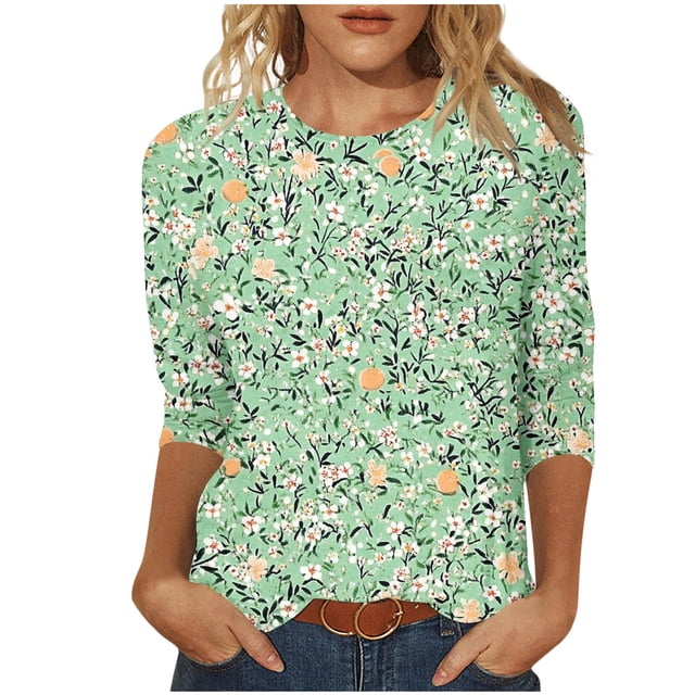 COM1950s Chemisiers pour Femmes, Chemisiers pour Femmes Mode, T-Shirt Haut Blouse Décontracté à Imprimé à Col Rond à Manches 3/4 pour Femmes, Chemisiers pour Femmes Mode, Hauts pour Femmes, Hauts et Chemisiers pour Femmes