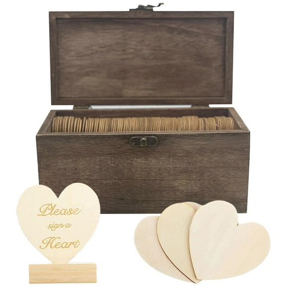 80 Pcs Brown Wooden Heart Guest Book, Rustic Wedding Guest Book Alternative with Heart Shaped Wood Pieces, Keepsake Box, Wooden Stand, for Weddings, Anniversaries, Parties