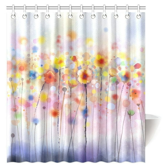 MYPOP Watercolor Flower Decor Shower Curtain, Flowers In Soft Colors Floral Design Colorful Blurred Fabric Bathroom Decor Set with Hooks, 66 X 72 Inches