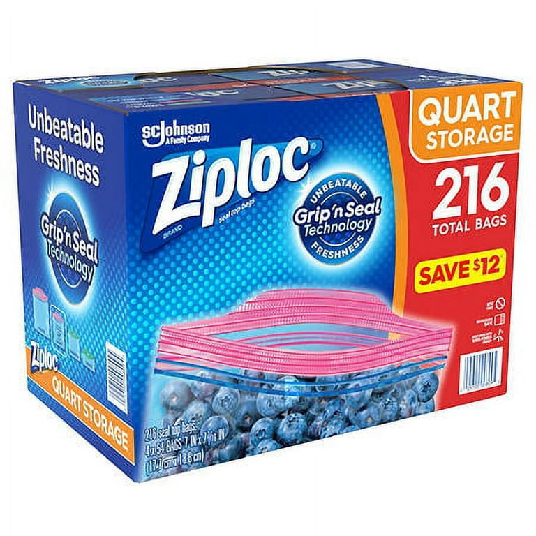 Ziploc Double Zipper Quart Freezer Bags, Clear - 216 count