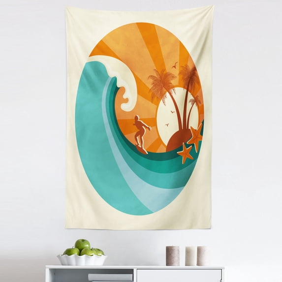 Ride the Wave Tapestry, Retro Man Surfing at Beach Island Coconut Palm Trees Illustration, Fabric Wall Hanging Decor for Bedroom Living Room Dorm, 5 Sizes, Orange Cream and Teal, by Ambesonne