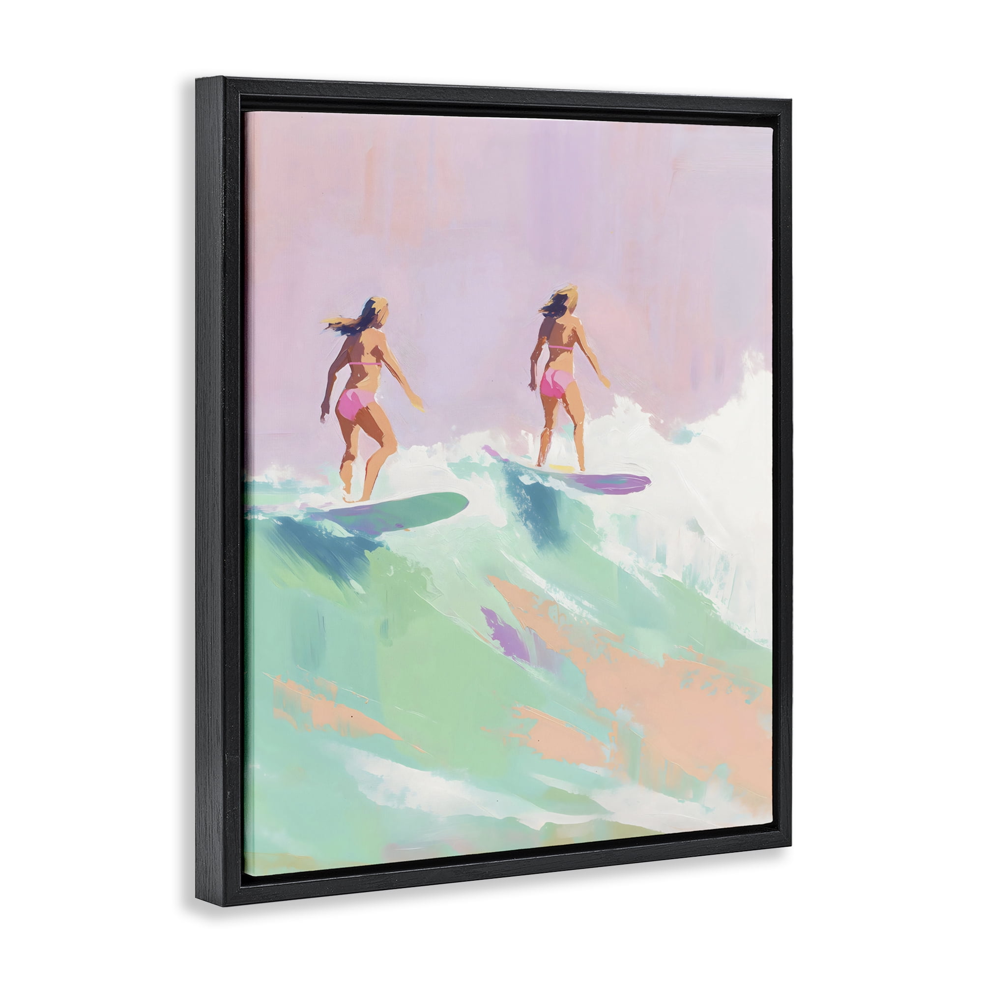 Stupell Industries Two Surfing Girls on Wave Black Framed Floater Canvas Wall Art, design by The Prints Vibe