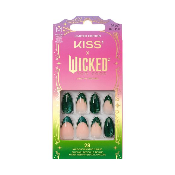 Kiss Nail - Wicked - Dreams Take Flight - Medium - Green - 28 Nails - 1 Pink Gel Glue