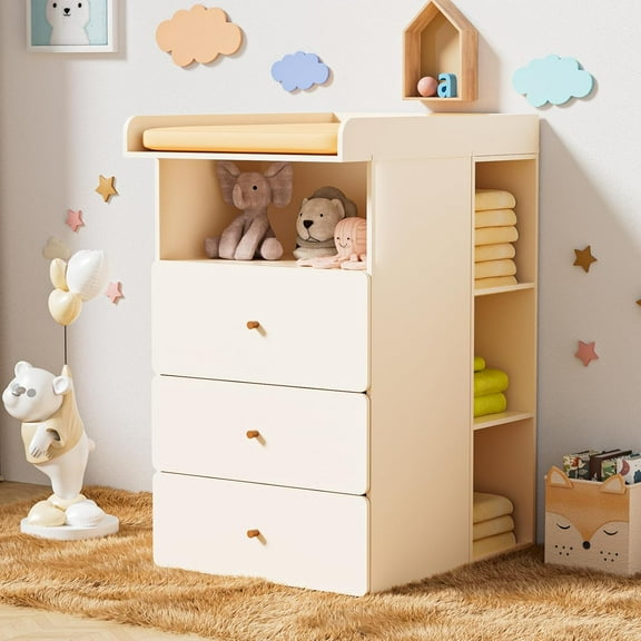 Linor Baby Changing Table Dresser - Nursery Dresser with Removable Changing Pad, Safety Straps & 3 Storage Drawers, Sturdy Baby Furniture for Newborns, Space-Saving Nude Pink Changing Station