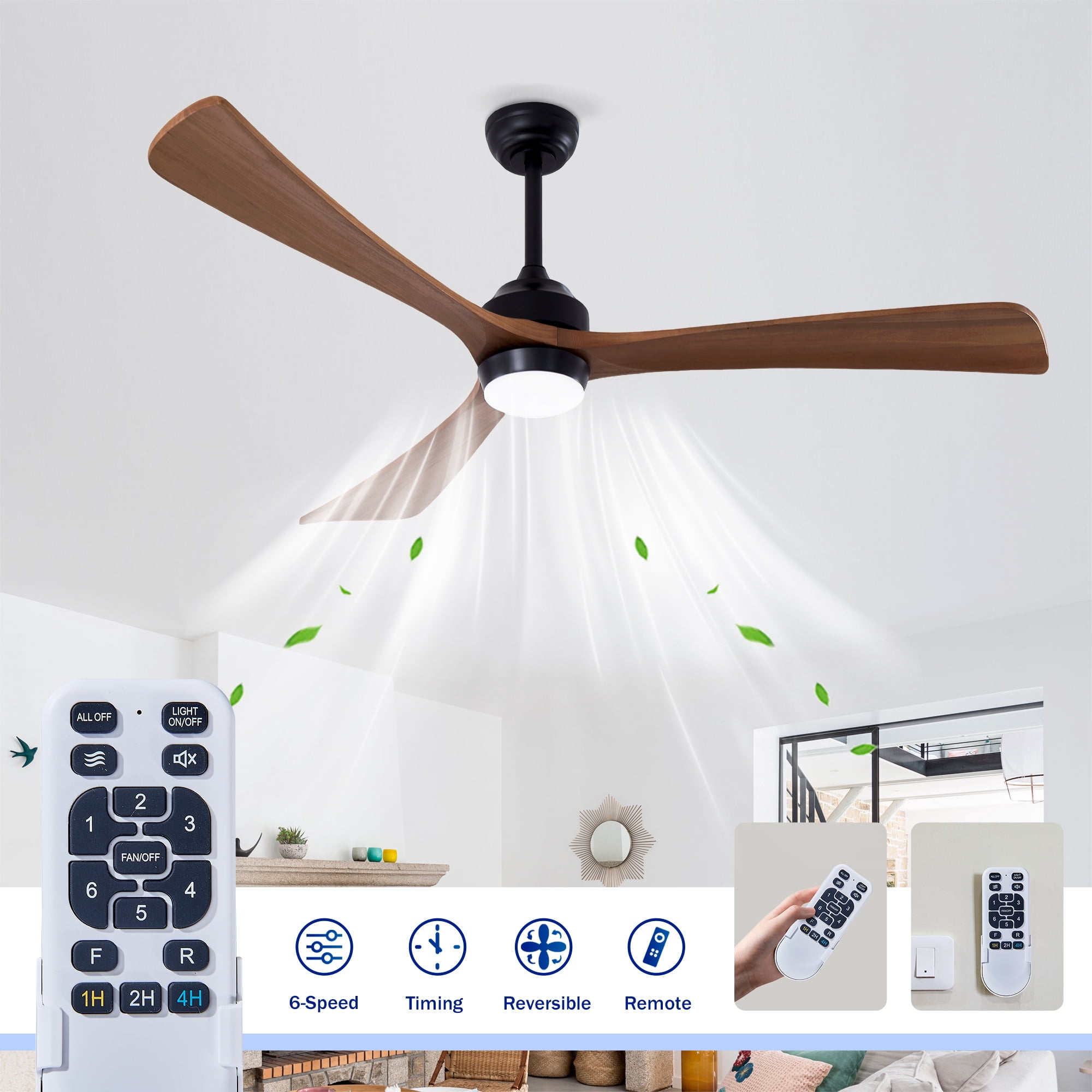 Leumius 62" Solid Wood Blades Ceiling Fan with Light and Remote Control,Quiet DC Motor 3 Blade Ceiling Fans 6 Speed Levels,Reversible for Patio Living Room Bedroom Office Black