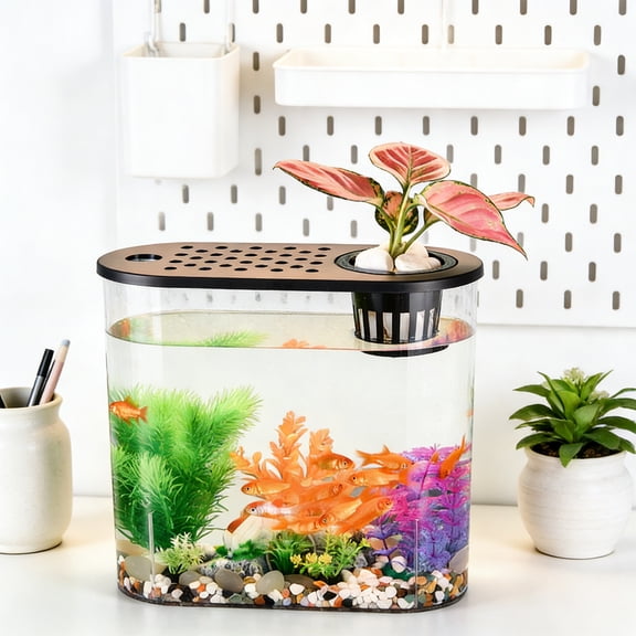 Clear Plastic Goldfish Bowl – Desktop Aquarium Tank With Hydroponic Top Basket, Home Decor For Living Room, Bedroom & Office (Black, 32Cm)