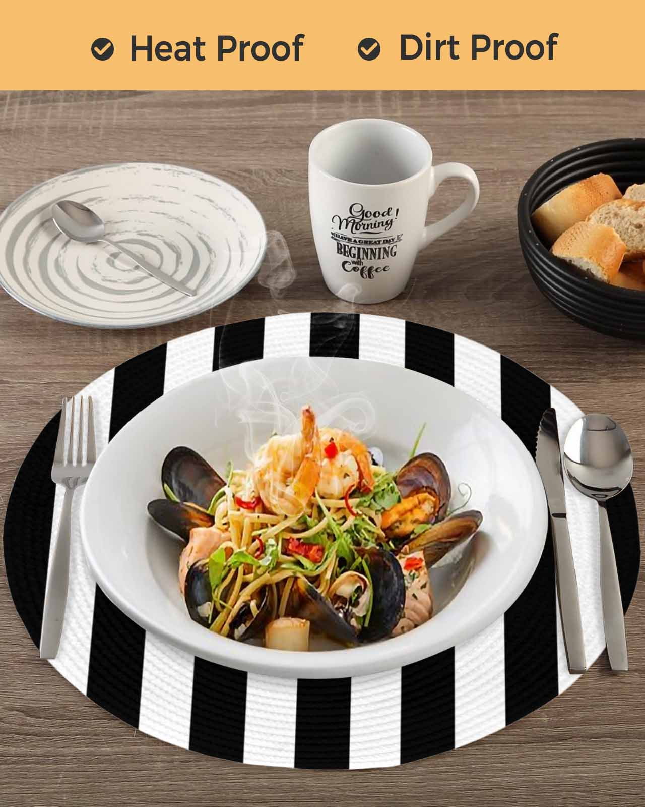 Black and White Striped Pattern Round Table Placemats set of 4, Minimalist Washable Woven Place Mats for Dining Tables Kitchen Party Decor,Heat Proof, 13in,