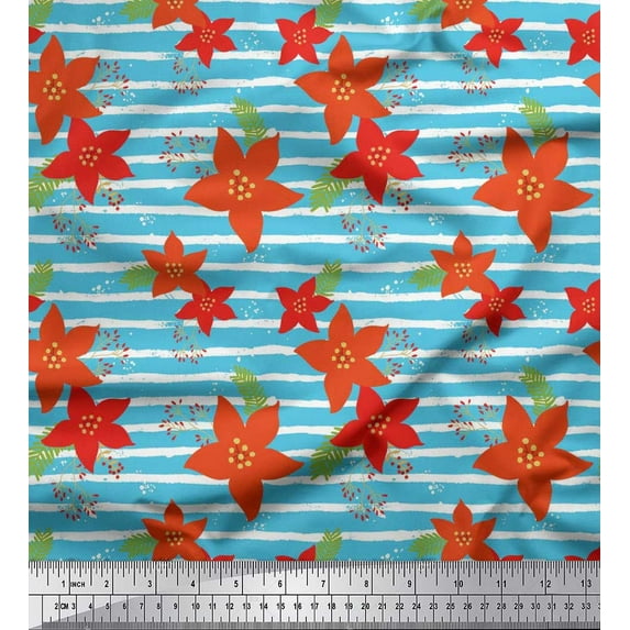 Soimoi Cotton Cambric Fabric Stripe,Leaves & Camellias Floral Fabric Prints By Yard 42 Inch Wide