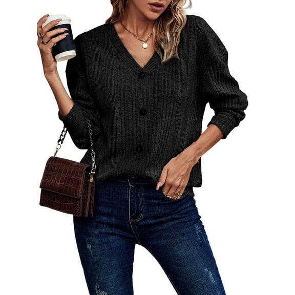 Females Long Sleeve T Shirts Trendy V Neck Tunic Tops Dressy Causal Ribbed Blouse Loose Comfy Spring Clothes Black M