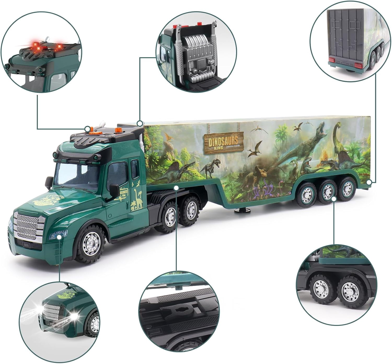 RC Semi Truck with Trailer, 2.4Ghz Dinosaur Container Truck with LED Lights & Music, Carrier Van Transport Vehicle with 2 Rechargeable Batteries Toy Gift for Kids 6+