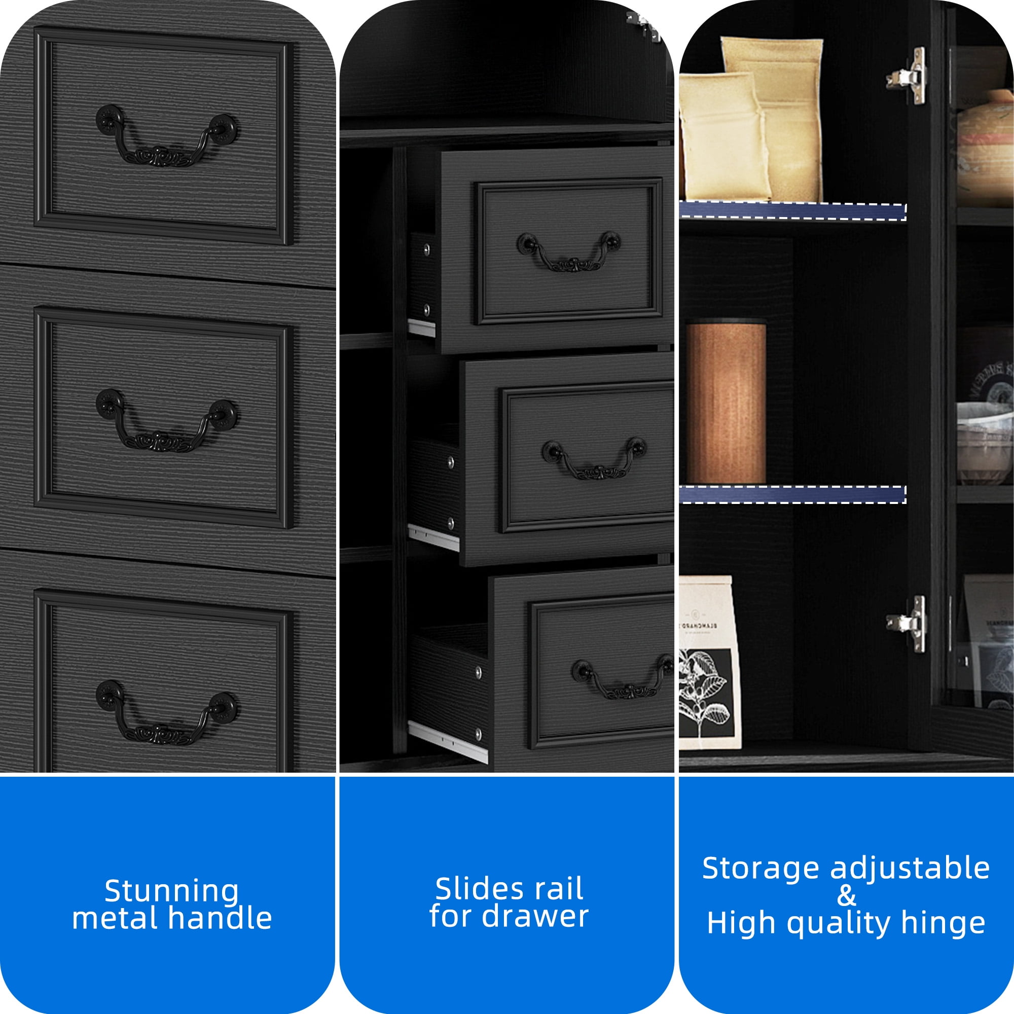 Dextrus 70" Tall Pantry Cabinet with Glass Doors, Modern Farmhouse Kitchen Pantry Storage Cabinet with Drawer, Black