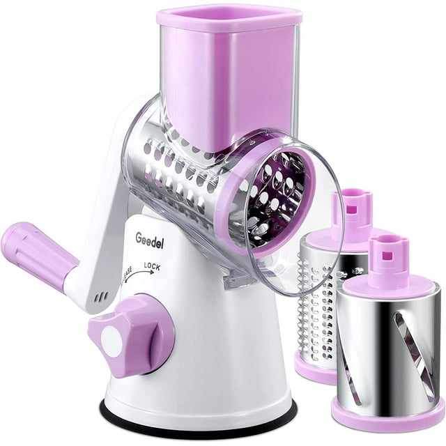 Rallador de queso giratorio Geedel con 3 cuchillas intercambiables, mandolina de cocina, cortador de verduras para frutas, nueces, fácil de limpiar
