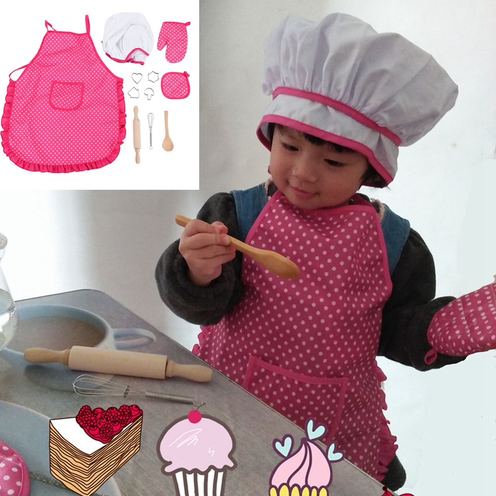 Pack Chef Set pour Les Enfants pour Les Petites Filles De Cuisine Jeu De Rôle Cuisinier Costume avec Tablier Toque Ustensiles De Cuisine Mitt Rose 11pcs