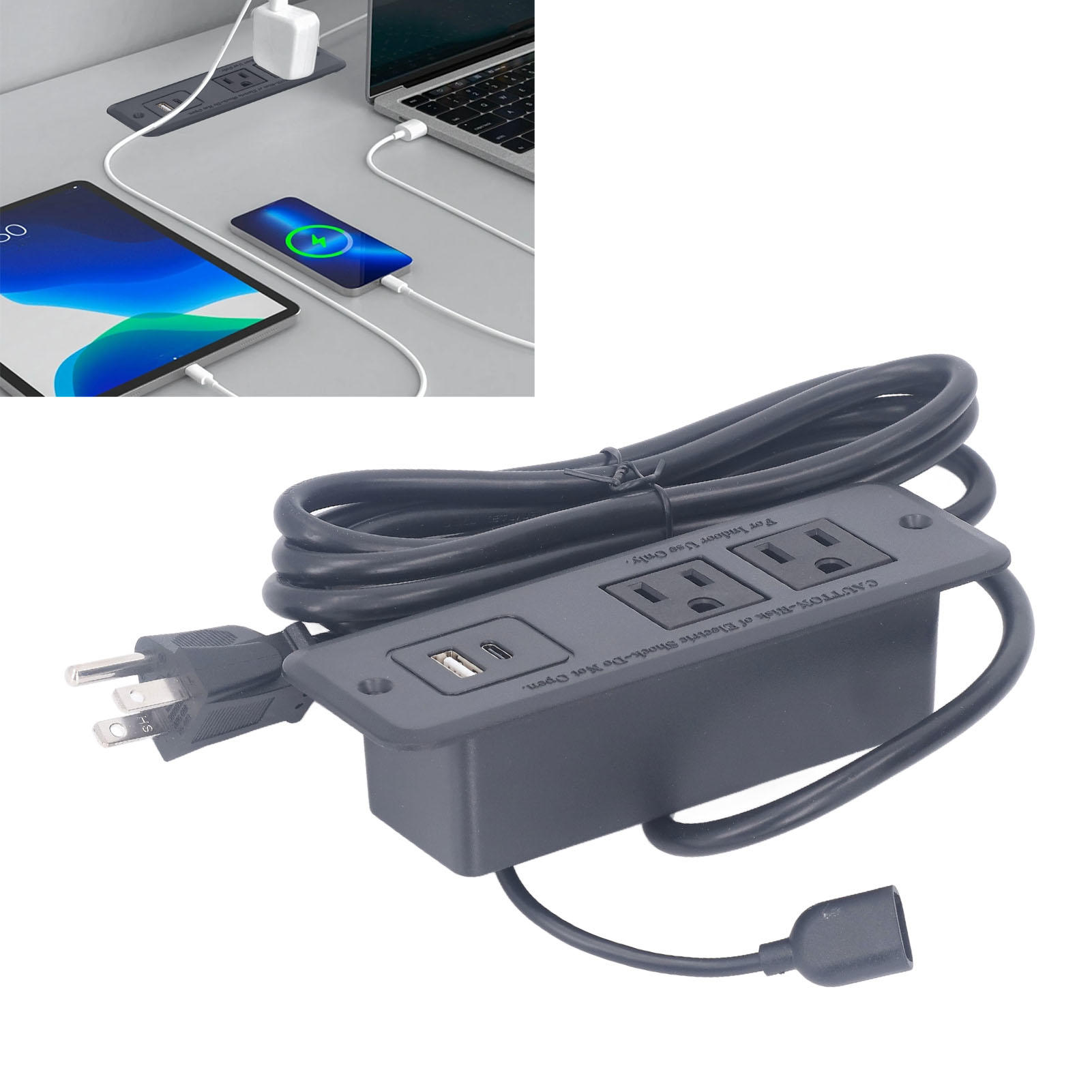 Yajisi 2‑Socket Recessed Power Strip with USB‑C PD20W Fast‑Charge, Fire‑Resistant ABS, Flush‑Mount Design for Desk & Home