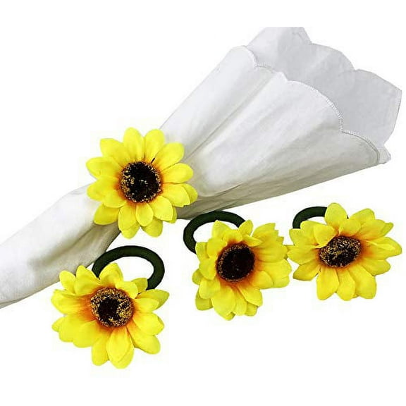 Fennco Styles Handmade Sunflower Decorative Napkin Rings, Set of 4 - Yellow Flower Napkin Holders for Dining Table, Banquet, Wedding, Holiday Décor and Special Event