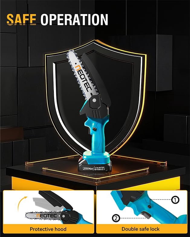NEOTEC Mini Chainsaw Cordless 6-inch, Handheld Electric Chainsaw 4000mAh Battery Powered with Dual Security Lock, Mini Chain Saw for Tree Trimming Wood Cutting (2 Batteries+3 Chains+2 Bars)