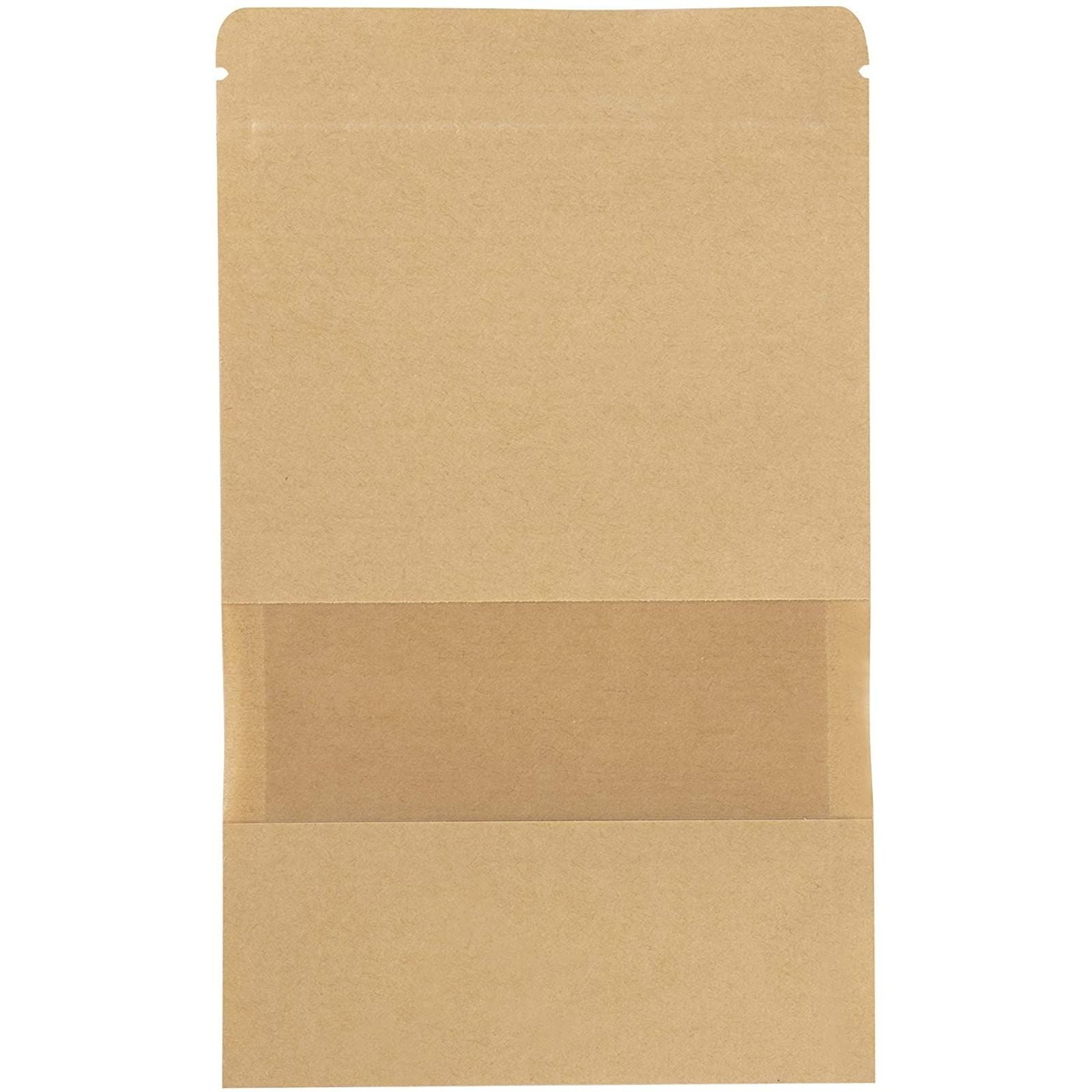 6.3 x 8.6 Inches 50-Pack Resealable Paper Pouch 5.7-Ounce Capacity with Transparent Matte Window and Tear Notch Reusable Sealing Bag Kraft Zip Lock Stand-up Bag 