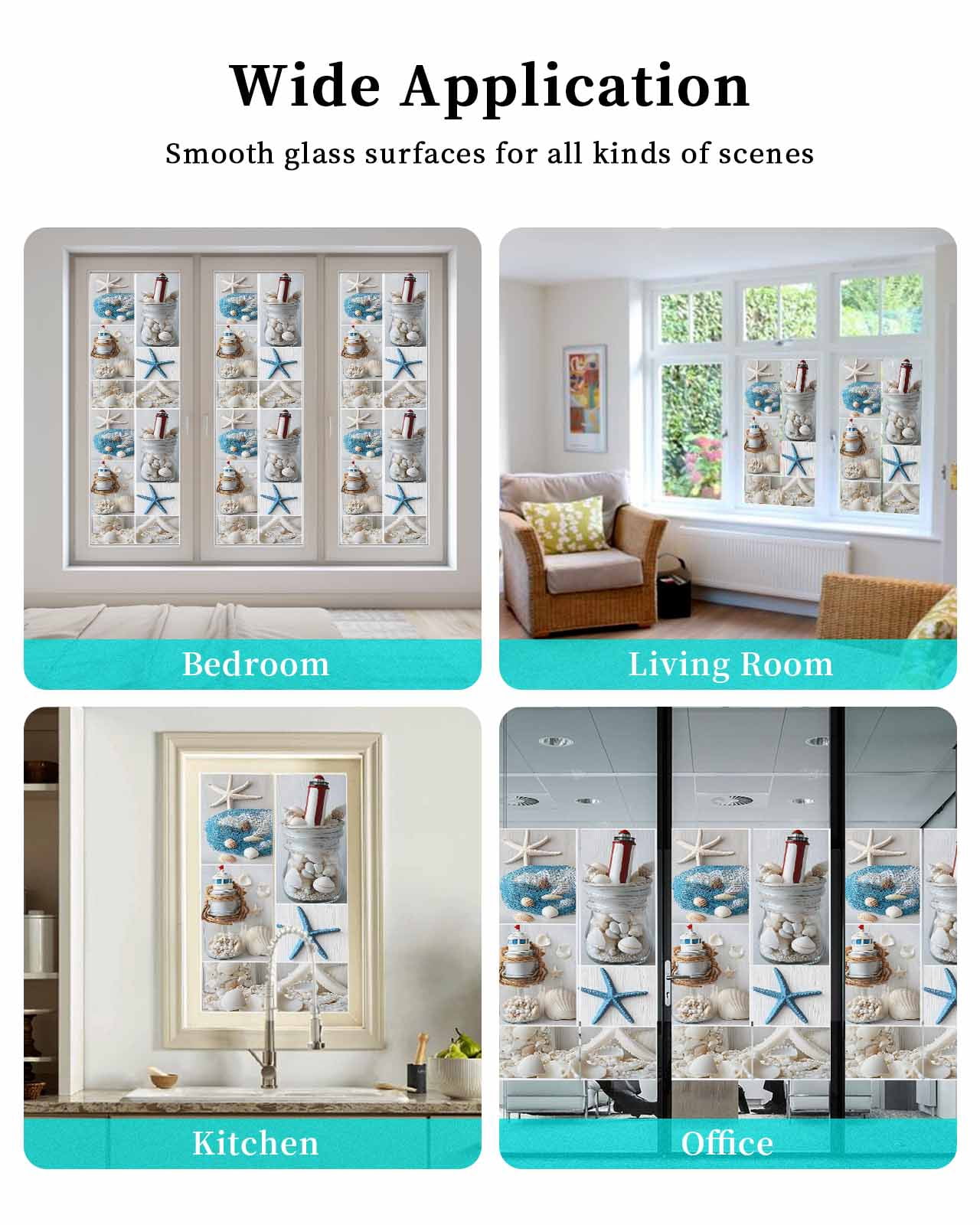 Window Privacy Film Starfish Stained Glass Window Film Decorative Sun Block Window Cover Ocean Shell Coastal Nautical Flag Light-house Window Clings Static Adhesive Sticker for Bathroom 23.6"x59"