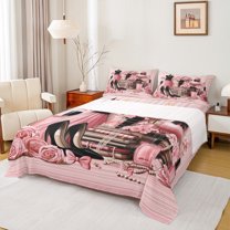 jejeloiu Perfume High Heels Queen Sheet Sets,Romantic Valentine Rose Flat Sheet,Pink Flowers Floral Queen Fitted Sheet For Girls Kids,Super Cozy Room Decor,4 Pieces