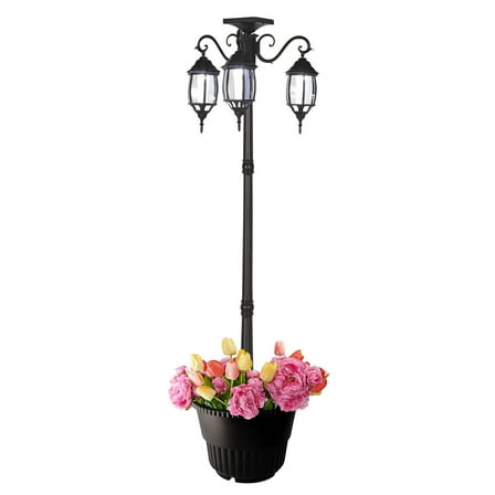 Westcharm 6.6 ft. (79 in.) Tall Black Solar Powered Lamp Post with Round Planter for Garden, 3 Heads, White LEDs
