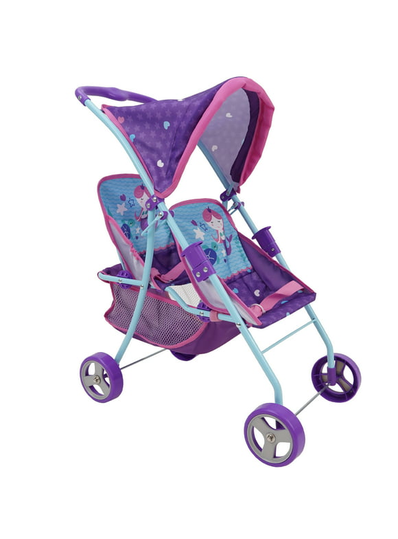 509 Mermaid Twin Doll Stroller- Retractable Canopy, Storage & Travel, 2 Seats, Fits dolls up to 18", Kids 3+