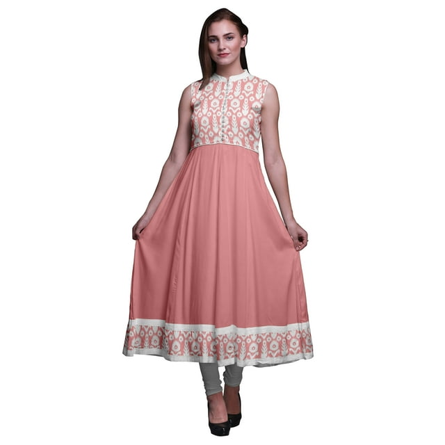 Bimba Robe Anarkali Ikat Orange Pêche Foncée Col Mandarin Sans Manches Kurtis pour Femmes Imprimé Robe Maxi Petite