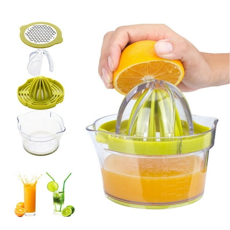 

Manual Juicer Citrus Lemon Orange Hand Squeezer with Built-in Measuring Cup and Grater -Slip Reamer Extraction Egg Separator 14-Ounce Capacity Green