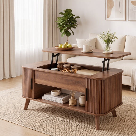 Seetech 39" Rectangular Lift Top Coffee Table with Sliding Door and Hidden Storage, Fluted Wooden Table for Living Room, Home Office, Walnut