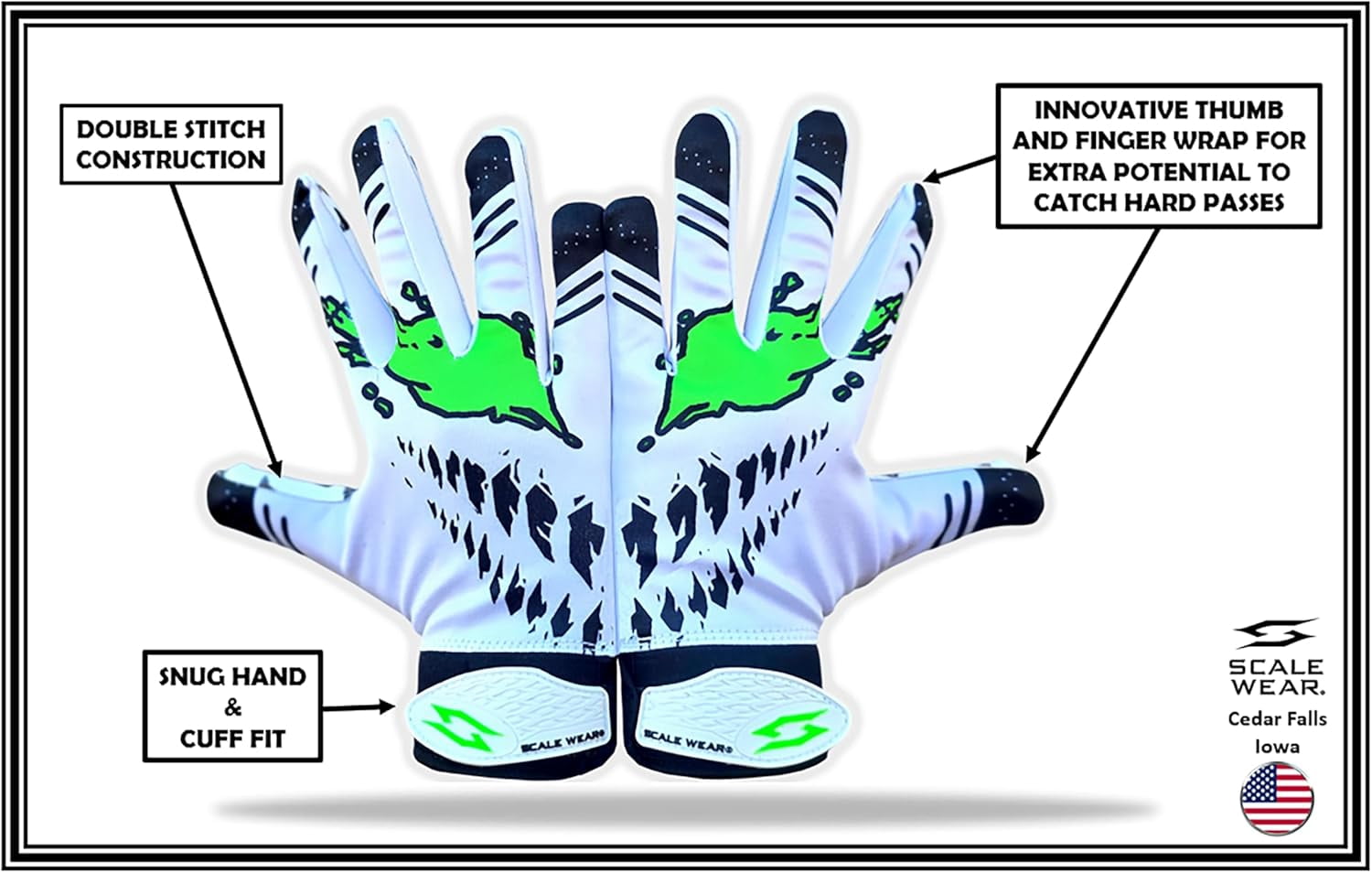 Scale Wear Design Toxic Venom Football Receiver Gloves - Tacky Sticky Grip Skin Tight Adult Pro Elite Super Performance Youth Man Boy Men Sizes (White-Green, Adult - S)