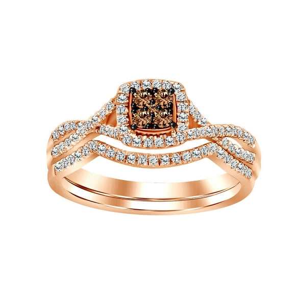 Dreamofdazzles Jewels 925 Sterling Silver 1.30 Ct Round Cut Brown & White Diamond Wedding Valentine's Anniversary Christmas Bridal Ring Set 14K Rose Gold Plated For Women's -9