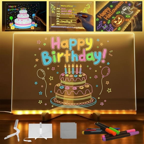 Lumilite LED Drawing Board with Night Light, Dry Erase Acrylic Message Board with Adjustable Stand and 7 Colored Pens for Home, Office and Holiday Gifts