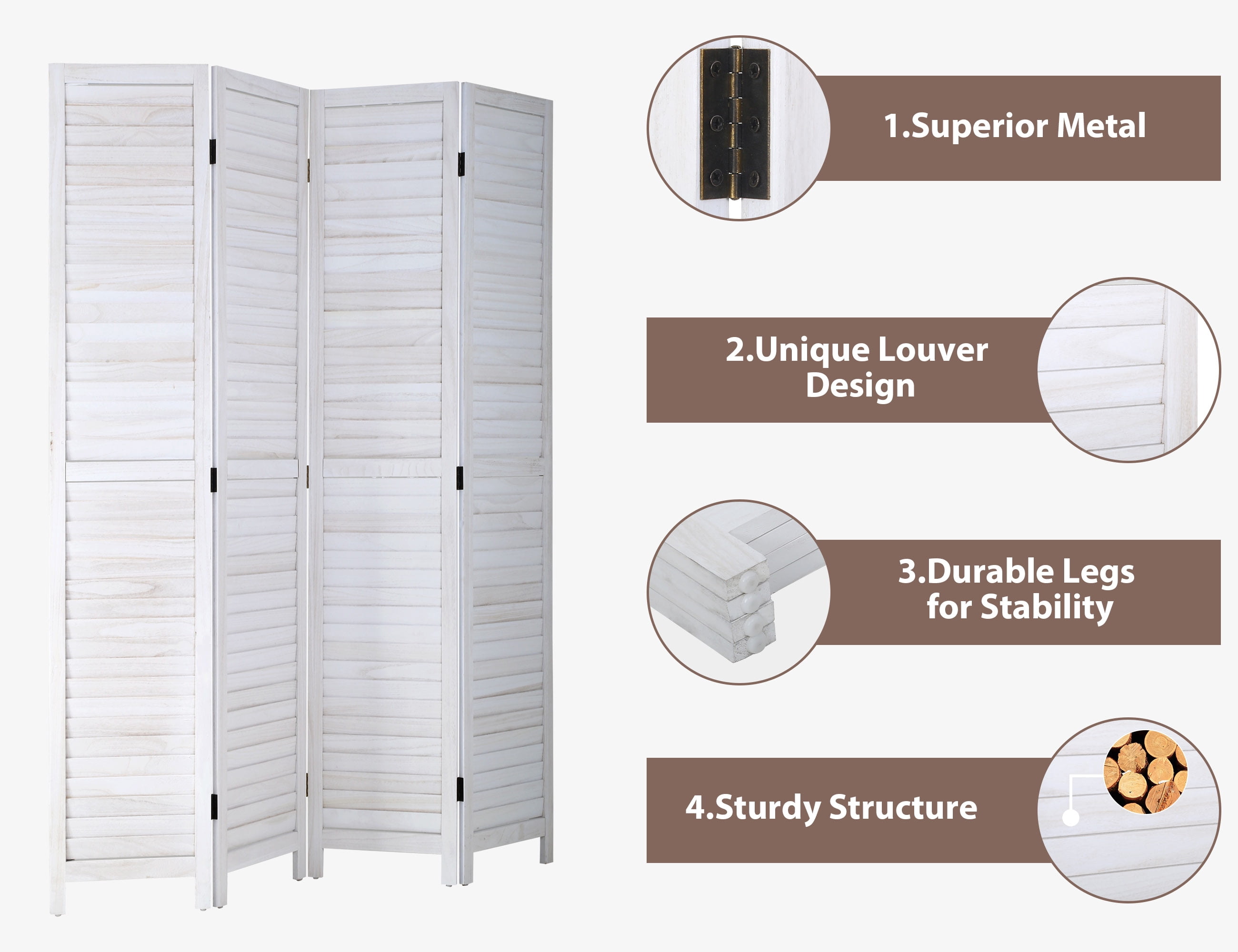 YRLLENSDAN 4 Panel Wood Room Divider White 5.6 Ft Tall Privacy Wall Divider 66.9" x 15.75" Each Panel Folding Wood Screen for Home Office Bedroom Restaurant (White)