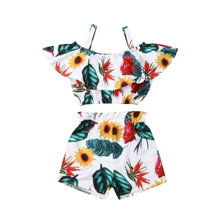 

Musuos Baby Girl Floral Halter Ruffle Sling Crop Tops Elastic Shorts Pants 2PCS Set