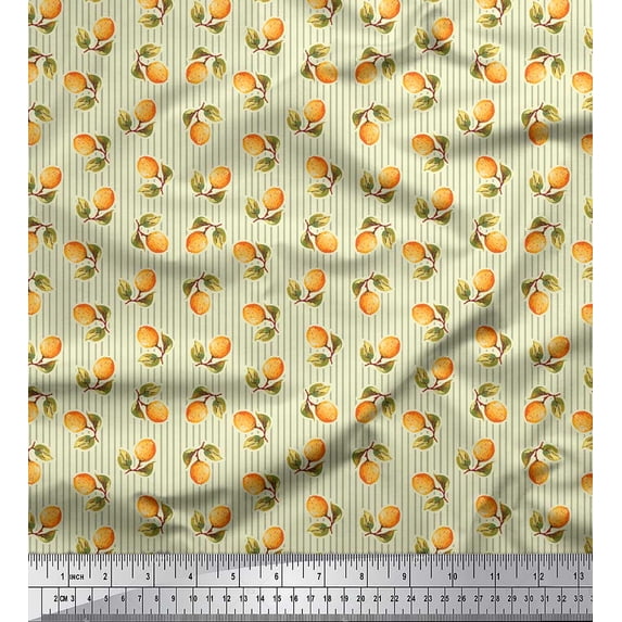 Soimoi Yellow Silk Fabric Stripe & Orange Fruits Print Fabric by Yard 42 Inch Wide