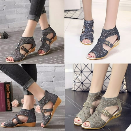 Women Gladiator Sandals Zipper Hollow High Heels Shoes Summer (Best Type Of Shoes To Wear For Plantar Fasciitis)