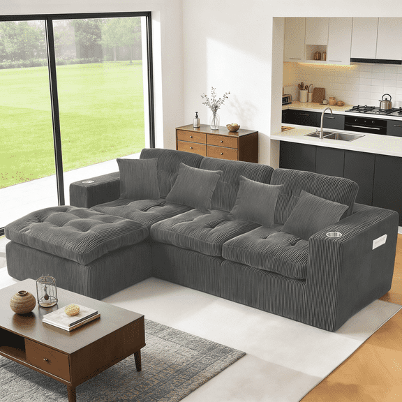 VNT Modern Modular Sectional Sofa with 4 Pillows & Side Storage Pockets, Corduroy Upholstery Sofas for Living Room, Gray