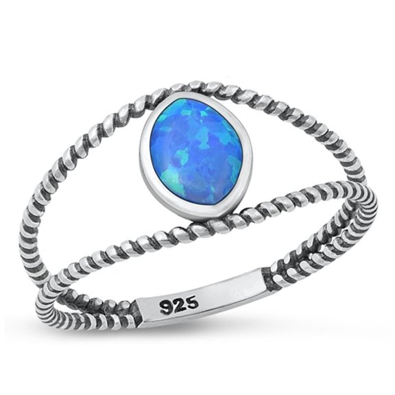 CHOOSE YOUR COLOR Blue Simulated Opal Ring 925 Sterling Silver Split Shank Band CZ Female Size 5