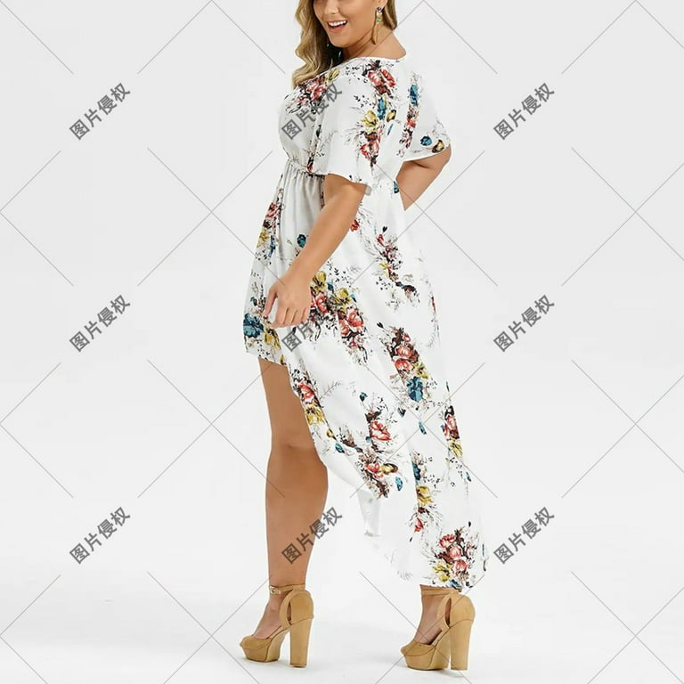 Midi dresses for women,Womens dresses,Midi dresses for women,Plus Size  Women's V-Neck Short-Sleeve Printed Slit Irregular Dress White XXXL