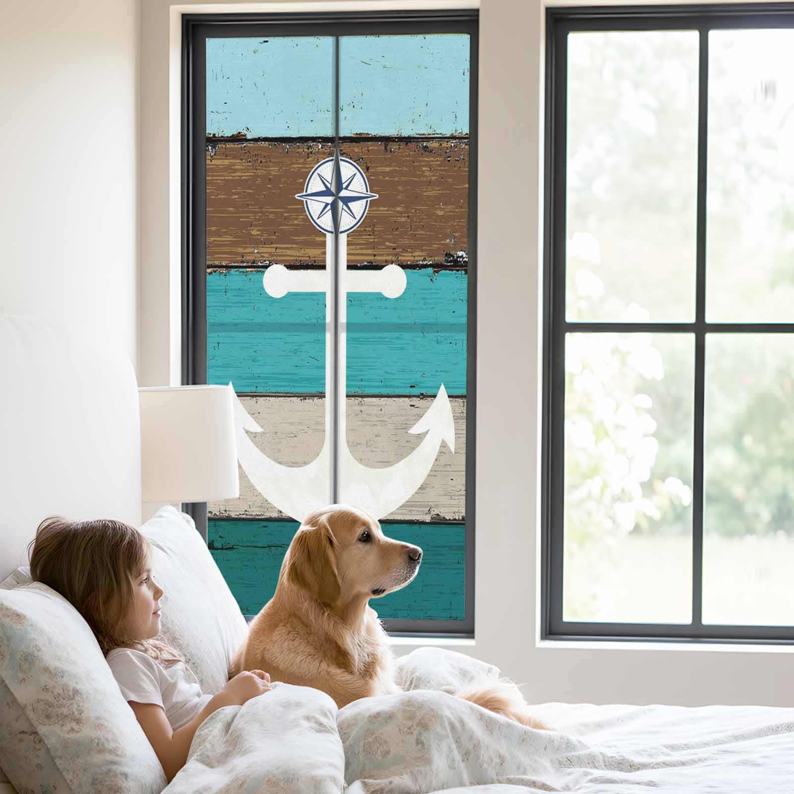 White Anchor Window Privacy Film, Costal Green Brown Stripes Wood Grain Bottom Frosted Glass Window Clings Static Cling UV Heat Blocking Reusable Door Sticker for Bathroom 23.6 x 59 Inch