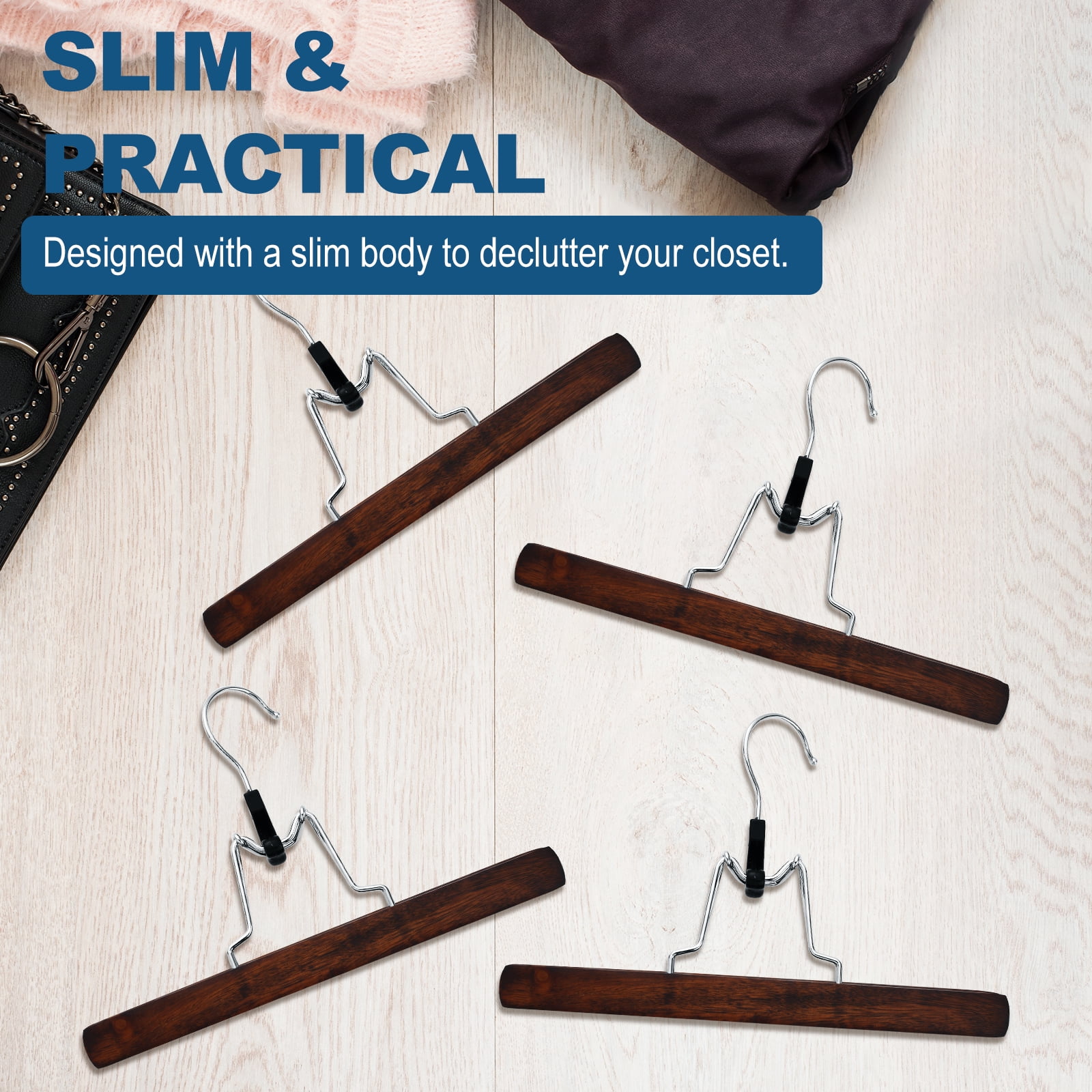 BagDream 12 Pack Wooden Pants Hangers with Clips, Smooth Finish Solid Wood Non Slip Skirt Hangers Jeans Slack Clamp Hanger, Walnut