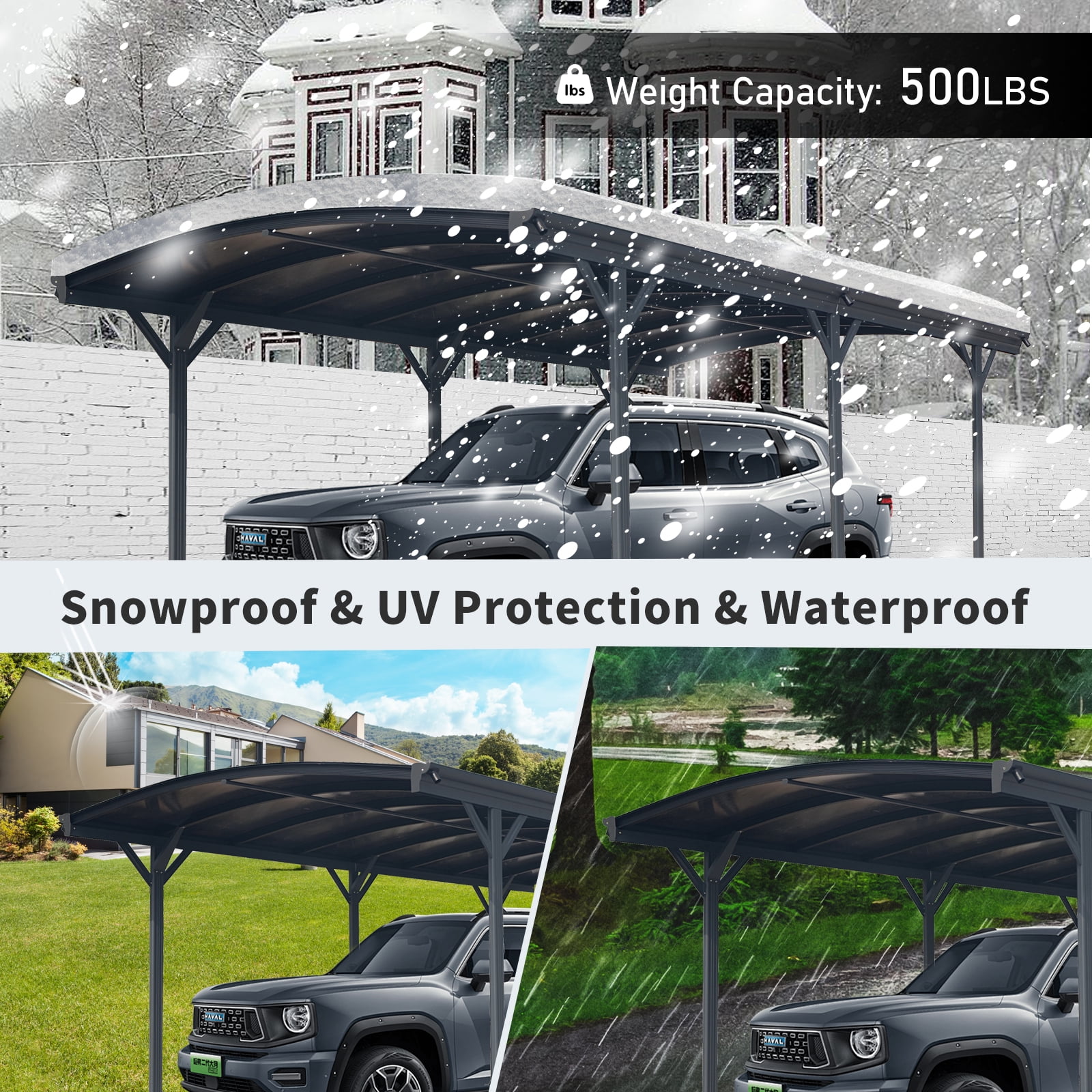 taoruifang 10x19 FT Arch Carport Aluminum Frame Polycarbonate Panels Heavy Snow Load Outdoor Canopy for Driveway Car Truck Black