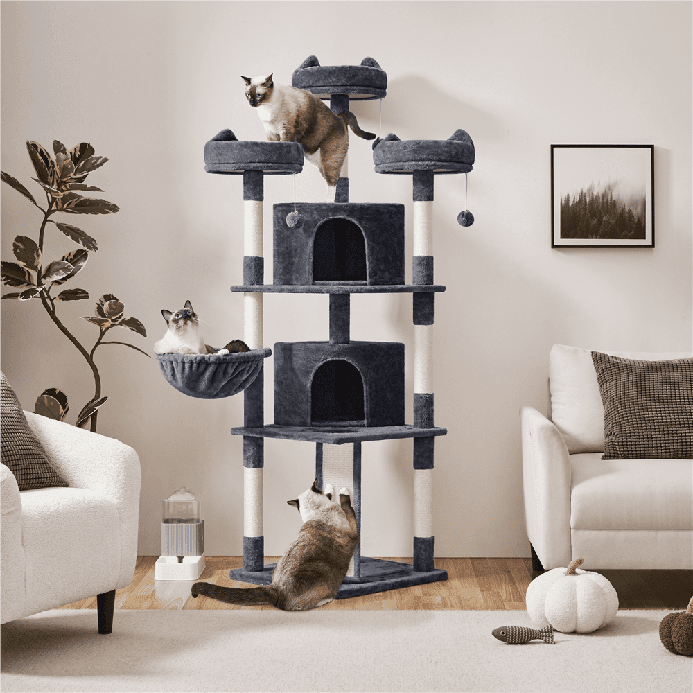 Alden Design 76"H Large Multilevel Cat Tree Tower with Condos and Perches, Dark Gray