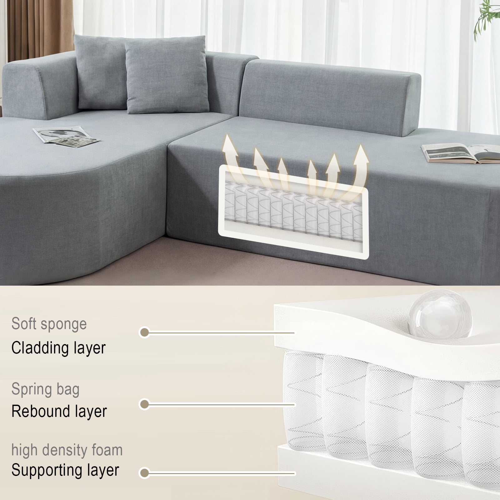 GARITIN L Shaped Modular, Corduroy Armless Couch with Deep Seats & Movable Sectional Sofa Ottoman Fabric, High-Resilience Foam, 107", Grey