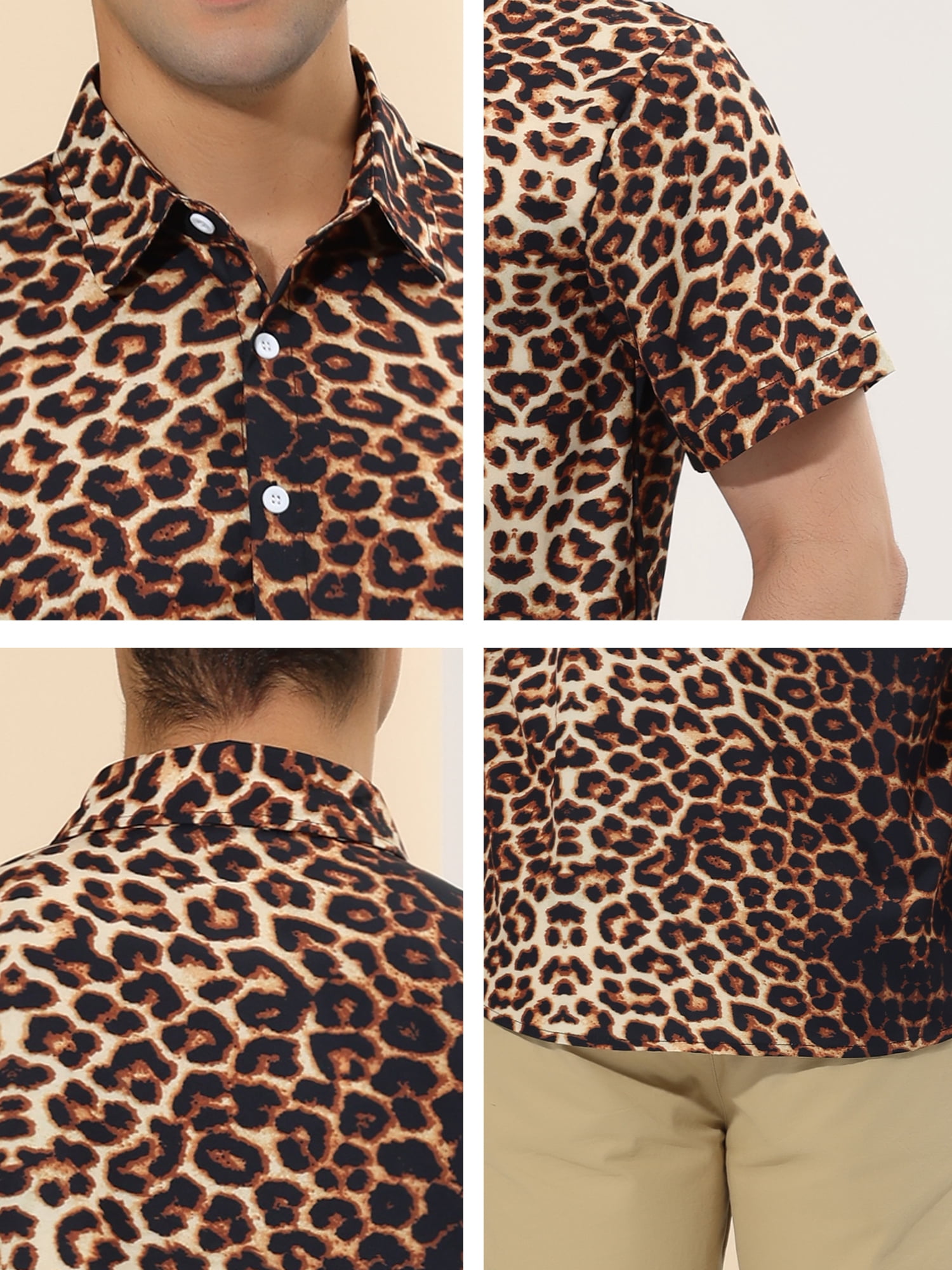 Unique Bargains Men's Animal Print Short Sleeves Casual Summer Printed Shirts S Leopard Print