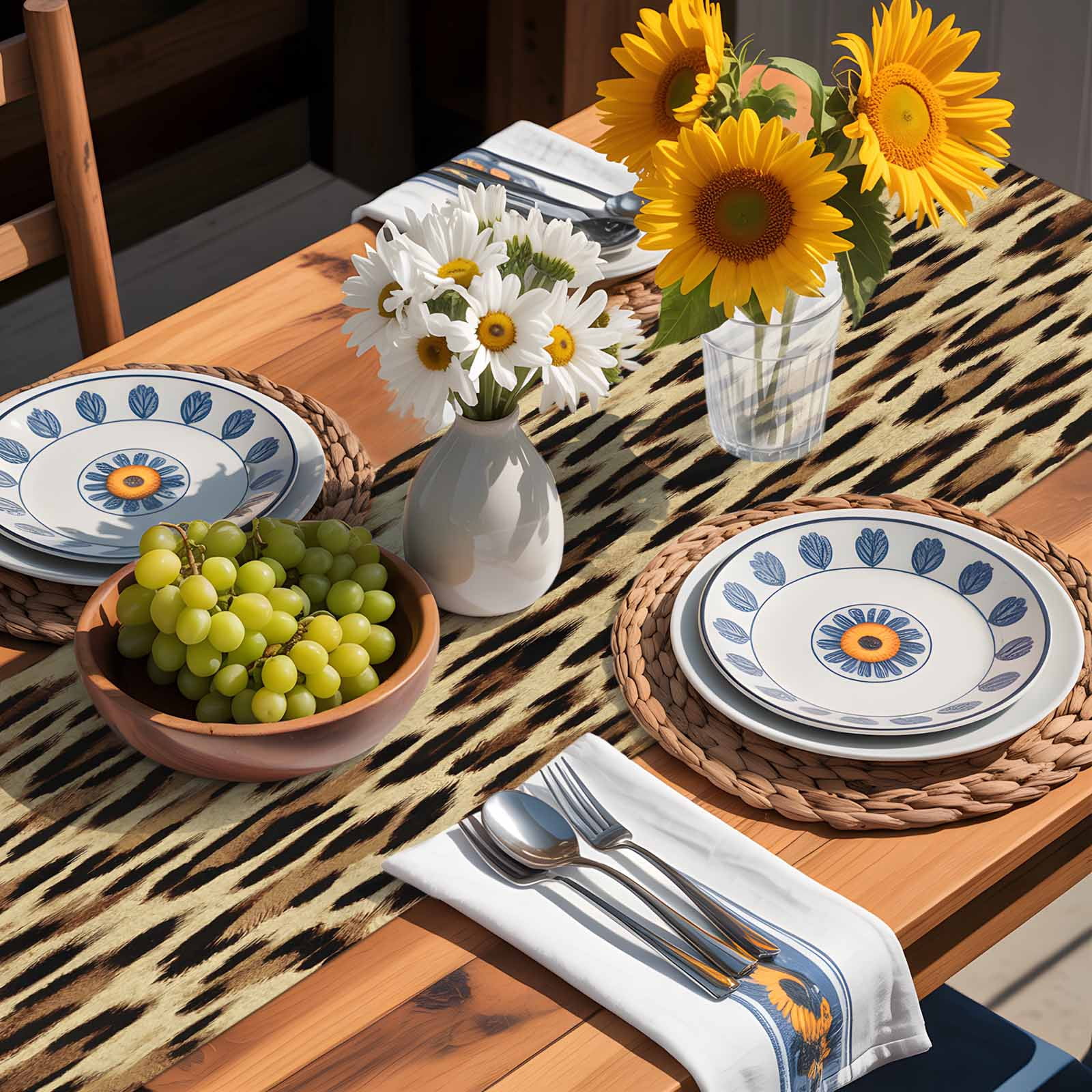 Abstract Leopard Print Table Runner 90 Inches Long, Brown Animal Spots Table Runners Tabletop Scarf Kitchen Dining Tables Decoration for Home Party Indoor Outdoor