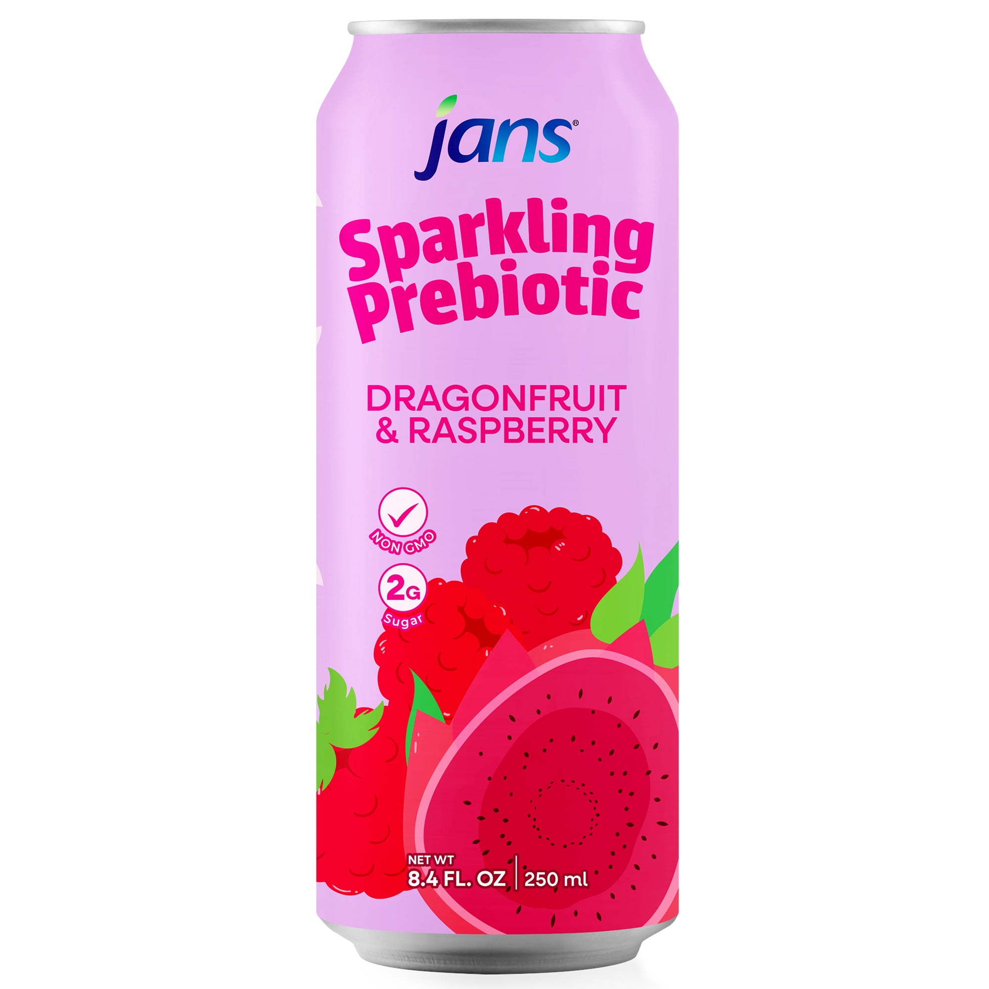 Jans Sparkling Prebiotic Soda Beverage, 8.4 oz Cans – Low Calorie, No Added Sugar – Non-GMO Sparkling Fruit Beverage – Gut Health Support – Naturally Refreshing (24-Pack, Dragonfruit & Raspberry)