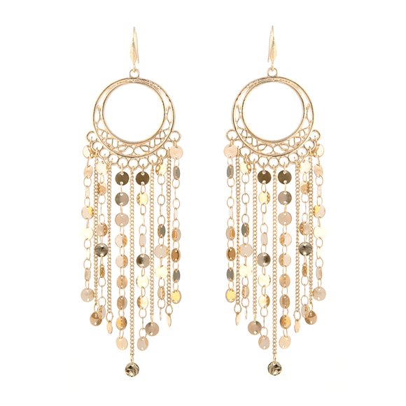 Boucles d'Oreilles Pendantes Boho Bohème à Pampilles pour Femmes – Lustre en Filigrane Léger avec Pendentif Disque – Boîte Cadeau Incluse (Rond - Or)