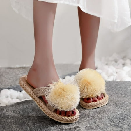 

〖Yilirongyumm〗 Khaki 39 Slippers For Women Ball And Flat Imitation Woven And Sandals Flops Slippers Spring Summer Beach Fringe Flip Straw Women Slipper