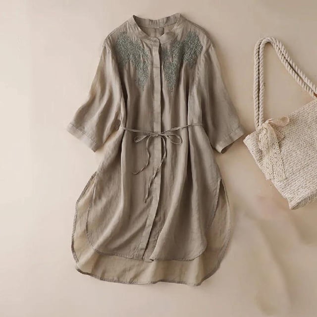 Fiudx Tops para Mujer Camisa Bordada de Manga 5/4 para Mujer Top de Algodón con Cintura Media y Lazo para Mujer