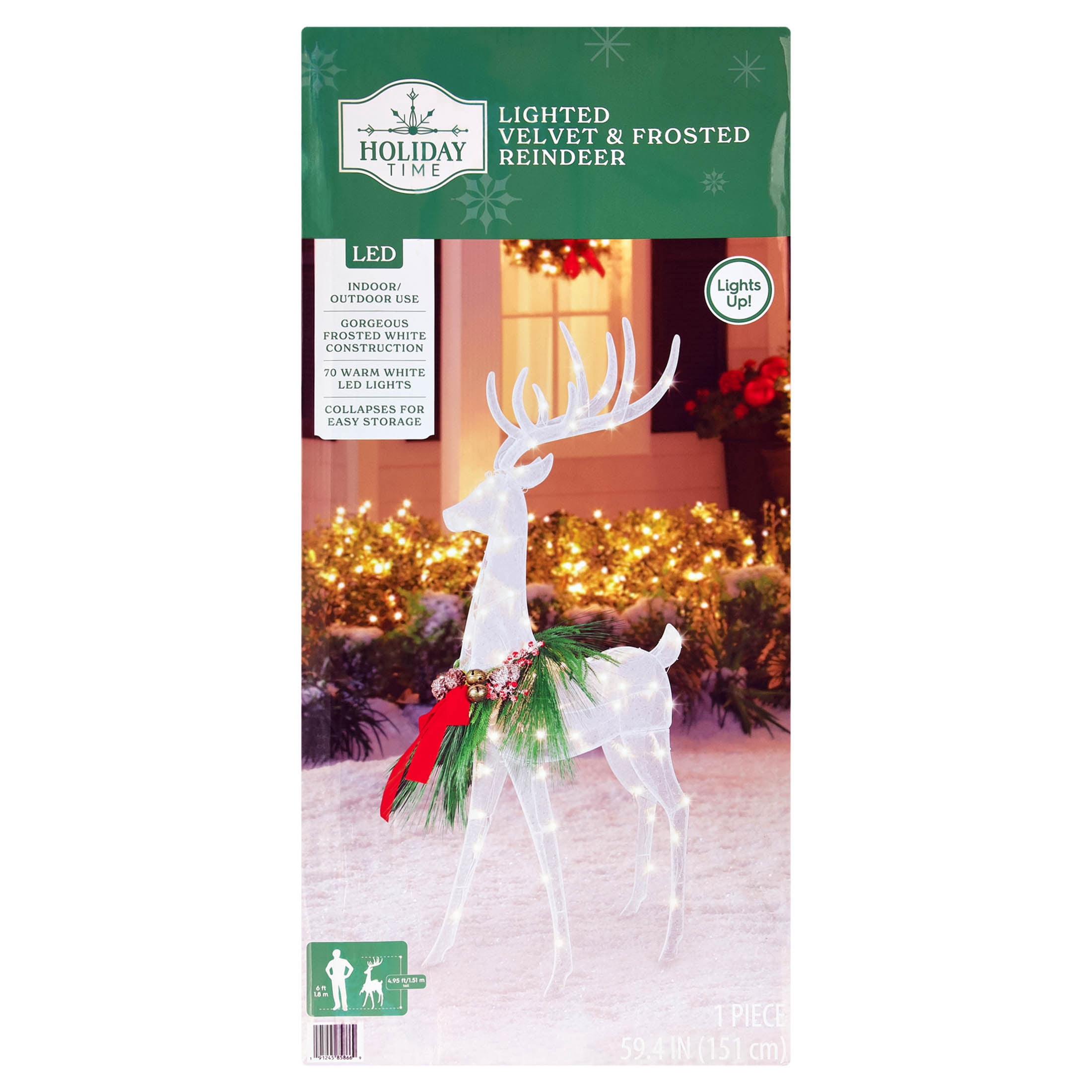 Indoor/Outdoor Lighted Velvet and Frosted Reindeer with Wreath Christmas Decoration with 70 LED Lights, Warm White, 4.95', by Holiday Time